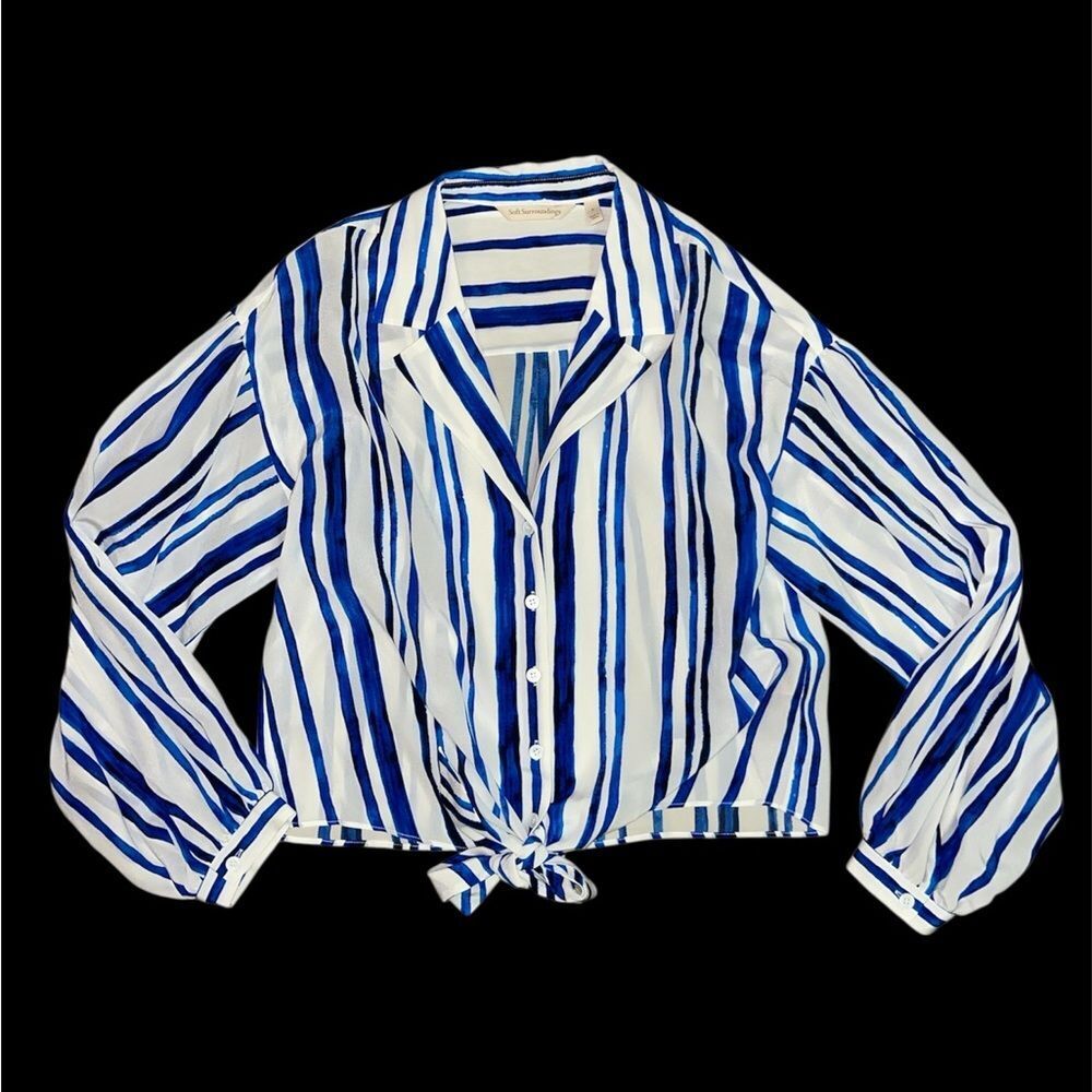 Soft Surroundings Blue and White Silk Tie Front Shirt Small